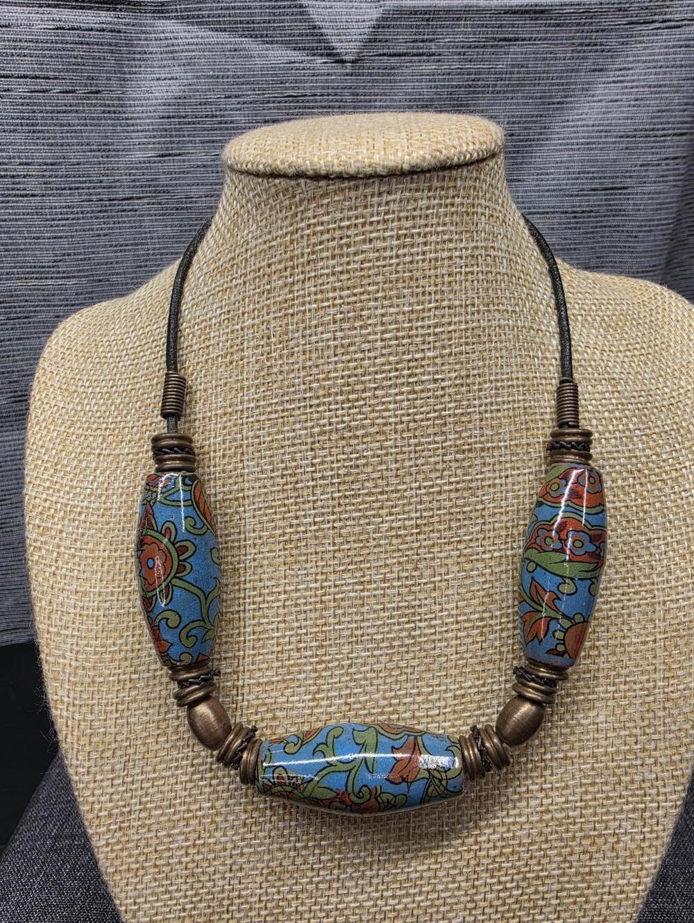 Artisan Floral Ceramic Bead Necklace Leather Cord Antique Copper 15"